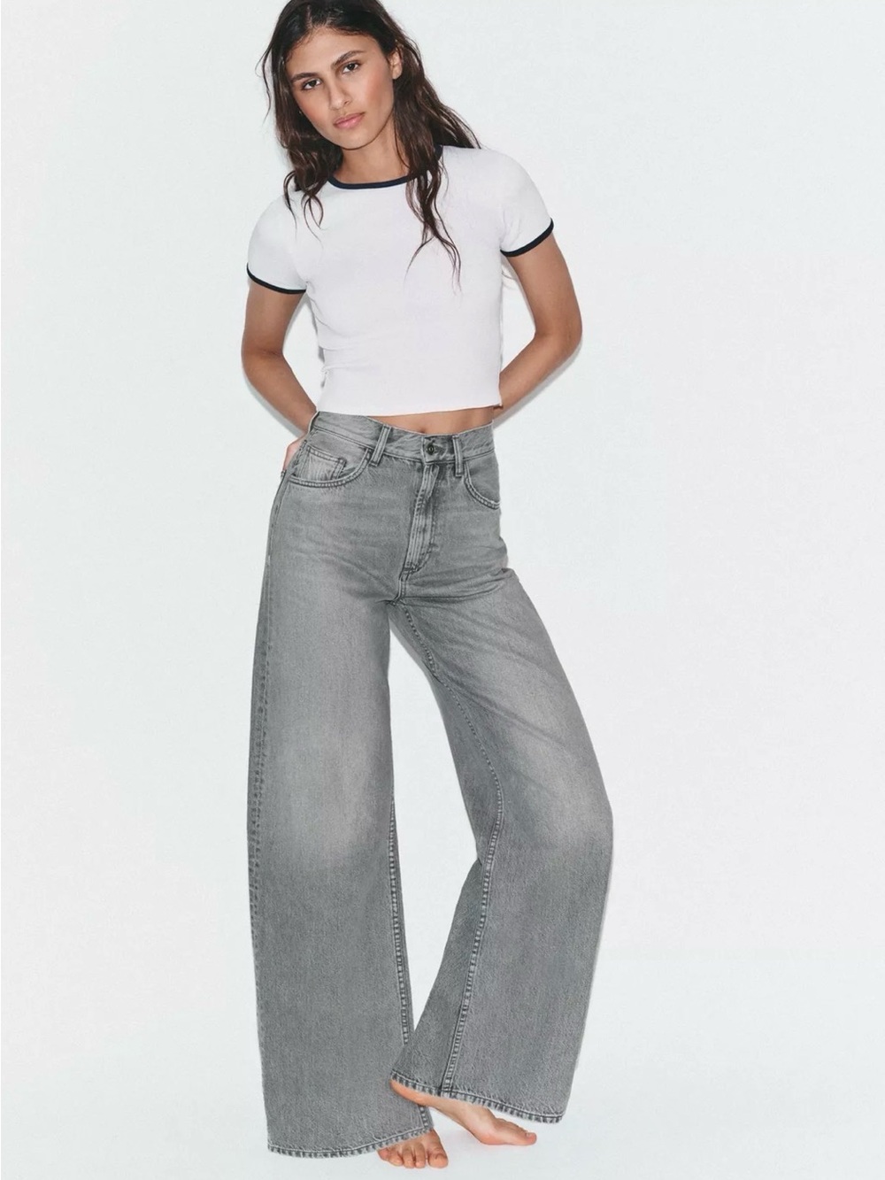 Zara Gray High-Rise Wide Leg Jeans